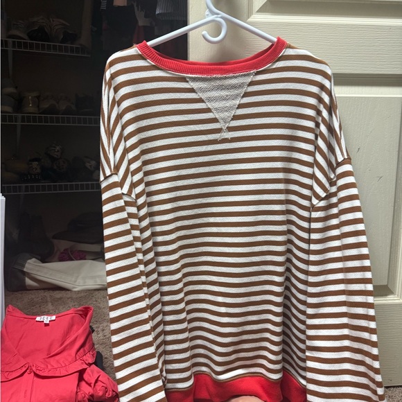 We The Free Brown and White Striped Top with Red Trim - Picture 1 of 3